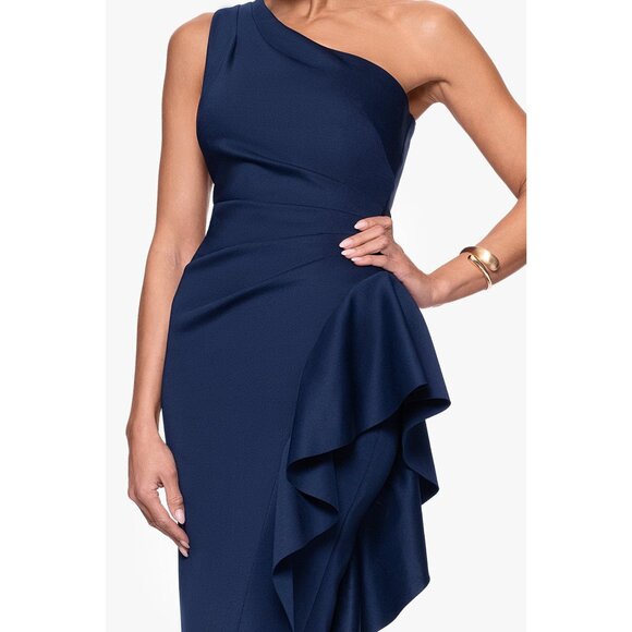 Xscape Carrie Techno Scuba One Shoulder Knee Length Ruffle Dress Blue 6 - Picture 11 of 11
